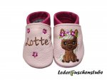 Lederpuschen in rosa-pink; Namen (braun) 3 Blumen (pink-weiß) & Boho Pony (braun-creme-dunkelbraun-schwarz weiß Blumen pink-weiß, rosa-pink, hellgrün)